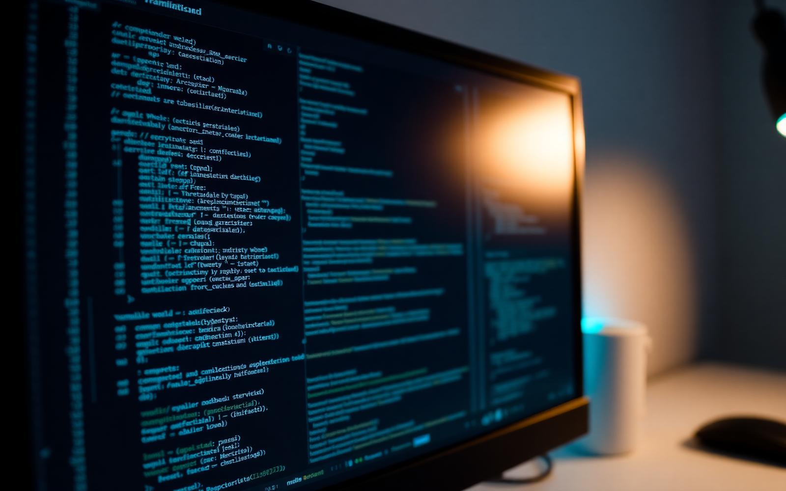Source code displayed on a monitor in a dimly lit developer workspace